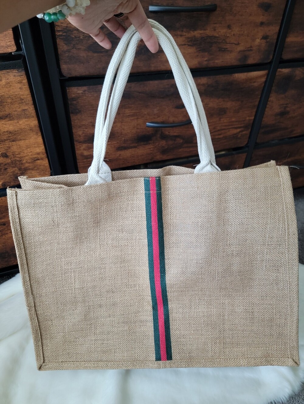 Natural Tote Bag with Green and Pink Stripe